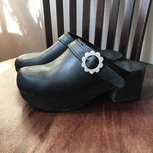 Vintage Black Leather Wooden Slingback Clog